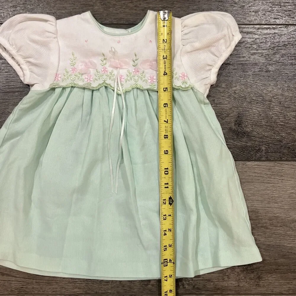 Vintage 90s Rare Editions Sea Foam Green Dress Lace Flowers - Girls 24 Months